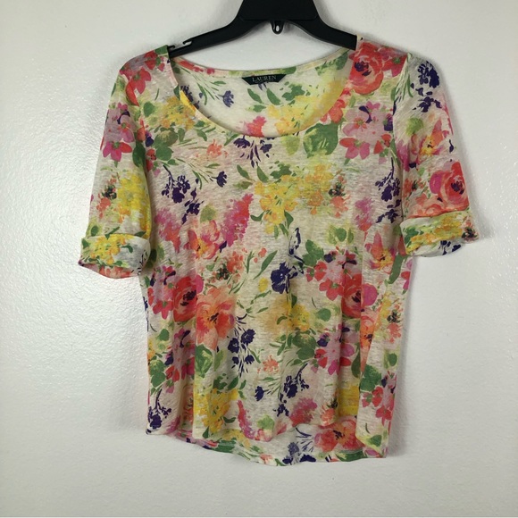 Lauren Ralph Lauren Tops - Lauren Ralph Lauren 100% Linen Casual Floral Roll up Sleeves L Top Size M